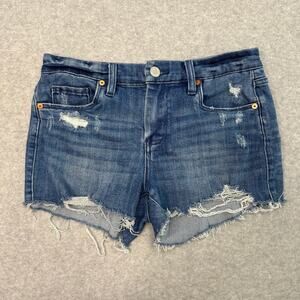 BLANKNYC Jean Short SZ 27 The Astor Cut-Off Mid-Rise Medium Wash Blue Distressed